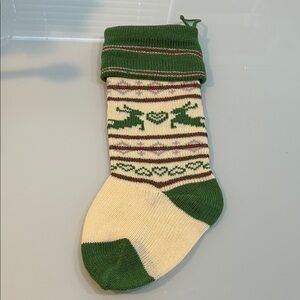 Red and green wool Knit Christmas Stocking with reindeers and hearts
